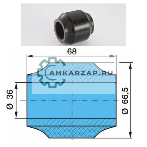 Сайлентблок реактивной штанги для прицепа АМКАР LTG Размеры 36x66x68. Артикул BP0162